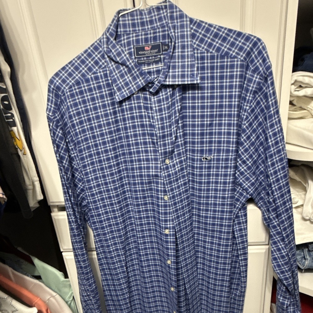 Vineyard Vines Men's XL Blue/White Plaid Long Sleeve Cotton Button-Up Shirt